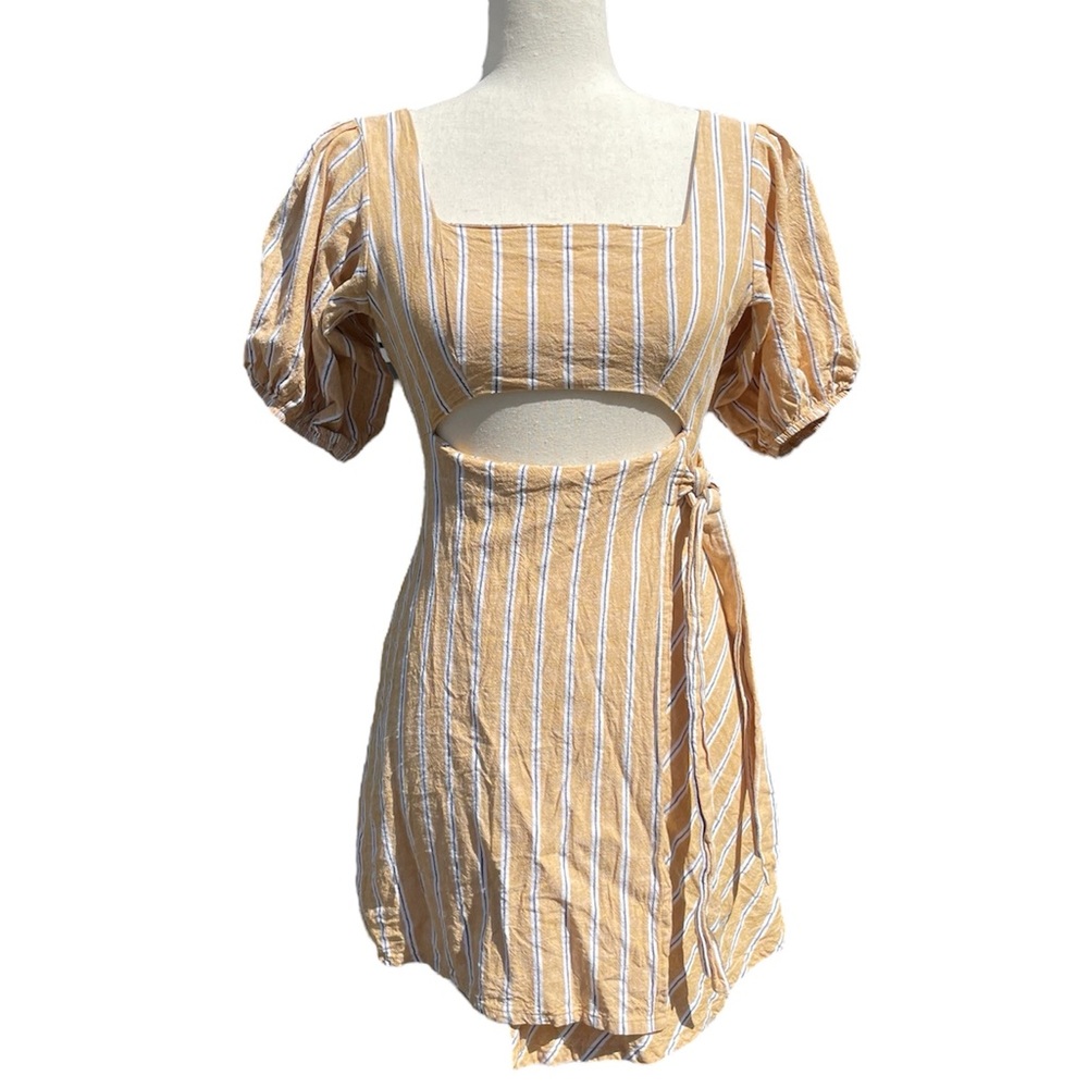 Zara Yellow, white Stripe Wrap Dress with Cutout and puff sleeves XS